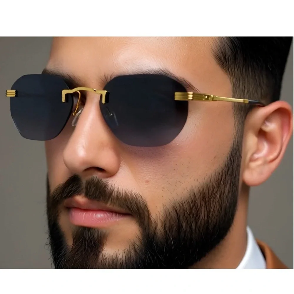 Men's Fashion Shades Rimless Hip Hop Sunglasses Gold Frame Dark Black Lens Gafas
